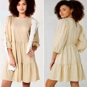 DRAPER JAMES  RSVP Tiered Gold/Cream Shimmer 3/4 Puff Sleeve Mini Dress Sz L